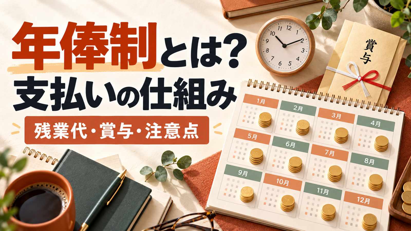 年俸制の支払いの仕組みと残業代・賞与の注意点。温かいクリーム色の背景に、12か月のカレンダーと賞与の封筒、時計を並べた俯瞰構図。