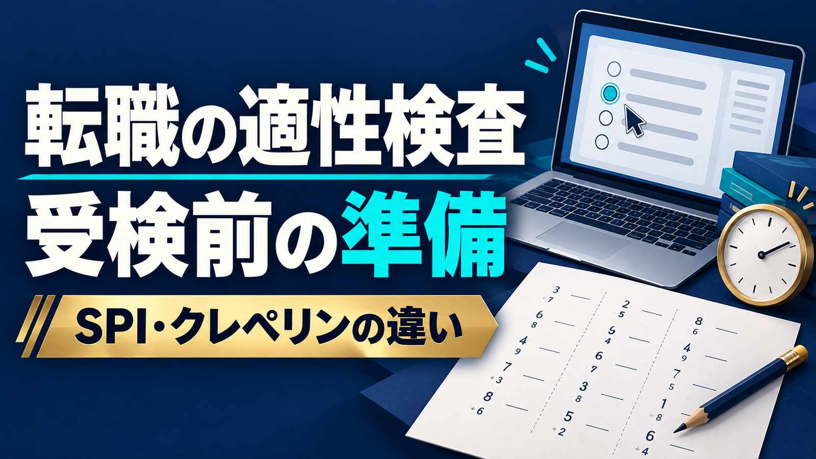 転職の適性検査の受検前準備。SPIをイメージした画面、加算作業の紙、時計と筆記用具で検査方式の違いを示すイラスト。