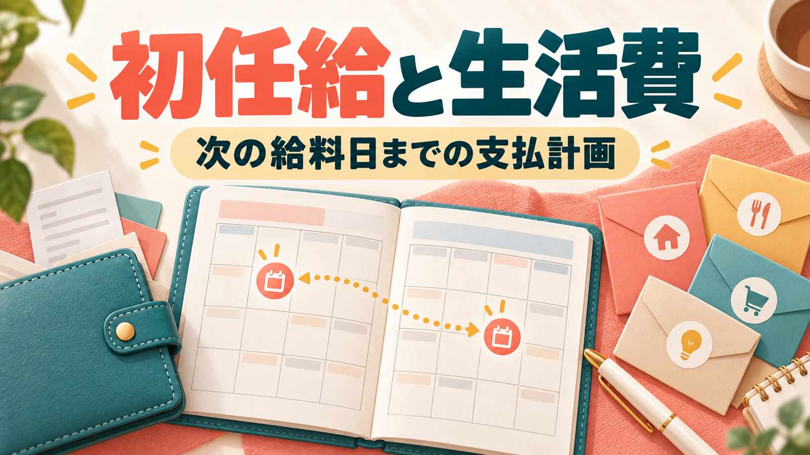 初任給と生活費。次の給料日までの支払計画。財布、予定帳、費目別の封筒をコーラルと青緑で配した画像。