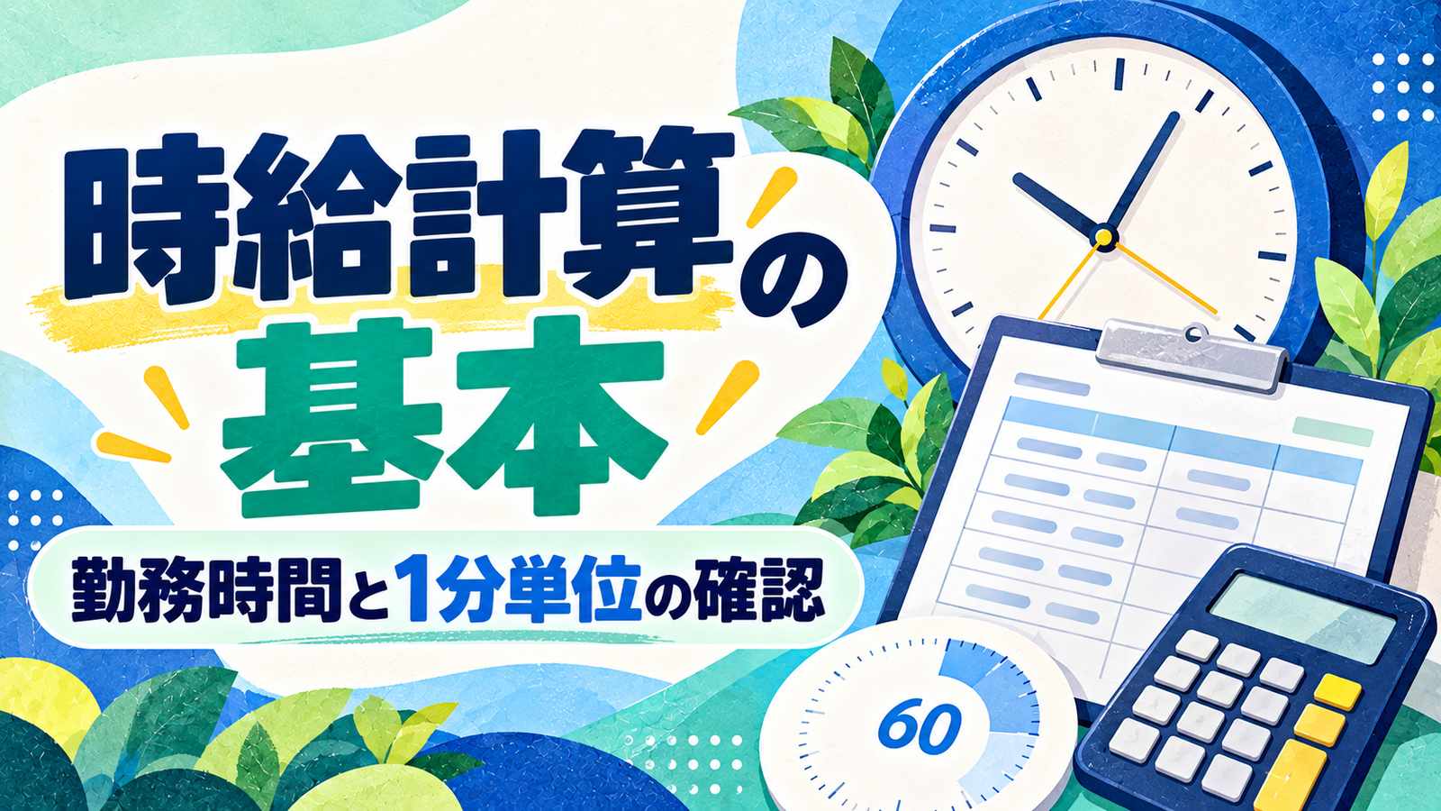 時給計算の基本。勤務時間と1分単位の確認。ミントと青の紙のコラージュで時計、勤務表、電卓を描いた画像。