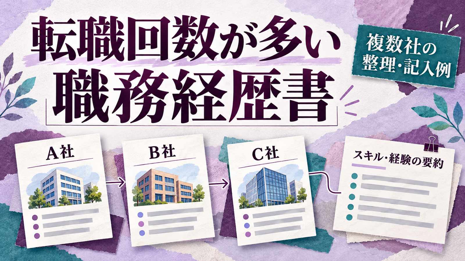転職回数が多い人の職務経歴書。ラベンダーと紫の背景に、A社・B社・C社の書類を時系列に並べて技能の要約へつなぐコラージュ。