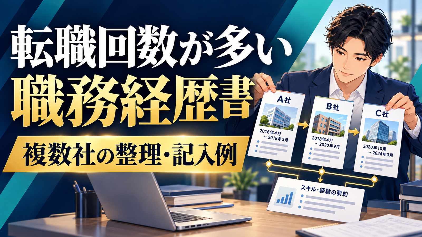 転職回数が多い人の職務経歴書の整理と記入例。3社の経歴を別々のカードで時系列に並べ、技能の要約へつなぐイラスト。