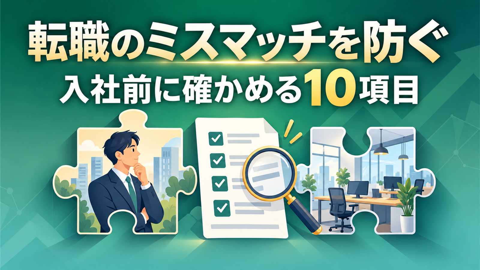 転職のミスマッチを防ぐ。入社前に確かめる10項目。求職者と職場のパズル、確認用チェックリストの図
