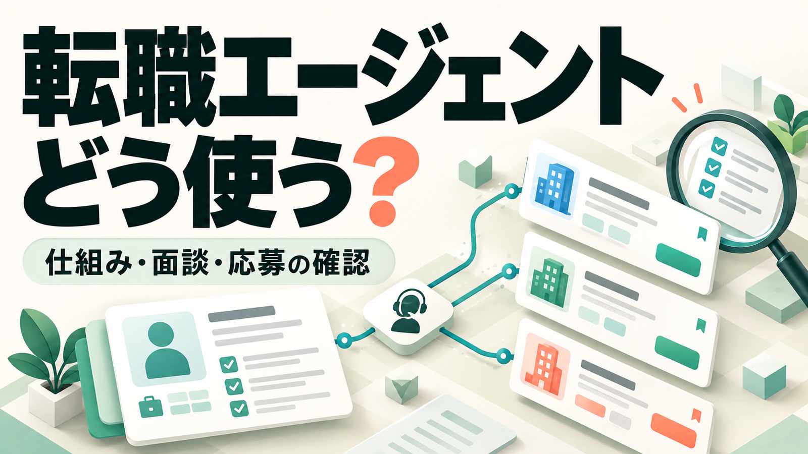 転職エージェントの仕組み・面談・応募の確認。明るい生成り色の背景に、相談者の経験と3社の求人要件を照合するマッチング図。
