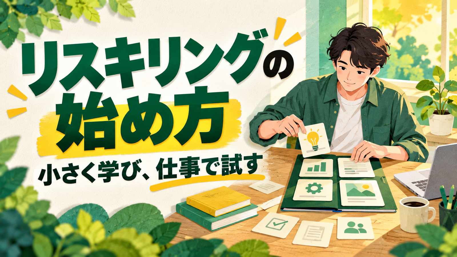 リスキリングの始め方。小さく学び、仕事で試す。机で課題カードを整理する人物を緑と黄色で描いた画像。
