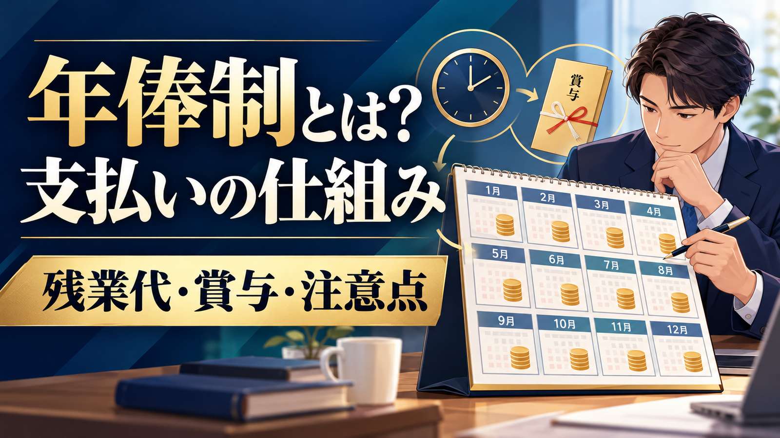 年俸制の支払いの仕組みと残業代・賞与の注意点。12か月の支払いカレンダー、時計と賞与の封筒を確認する人物のイラスト。