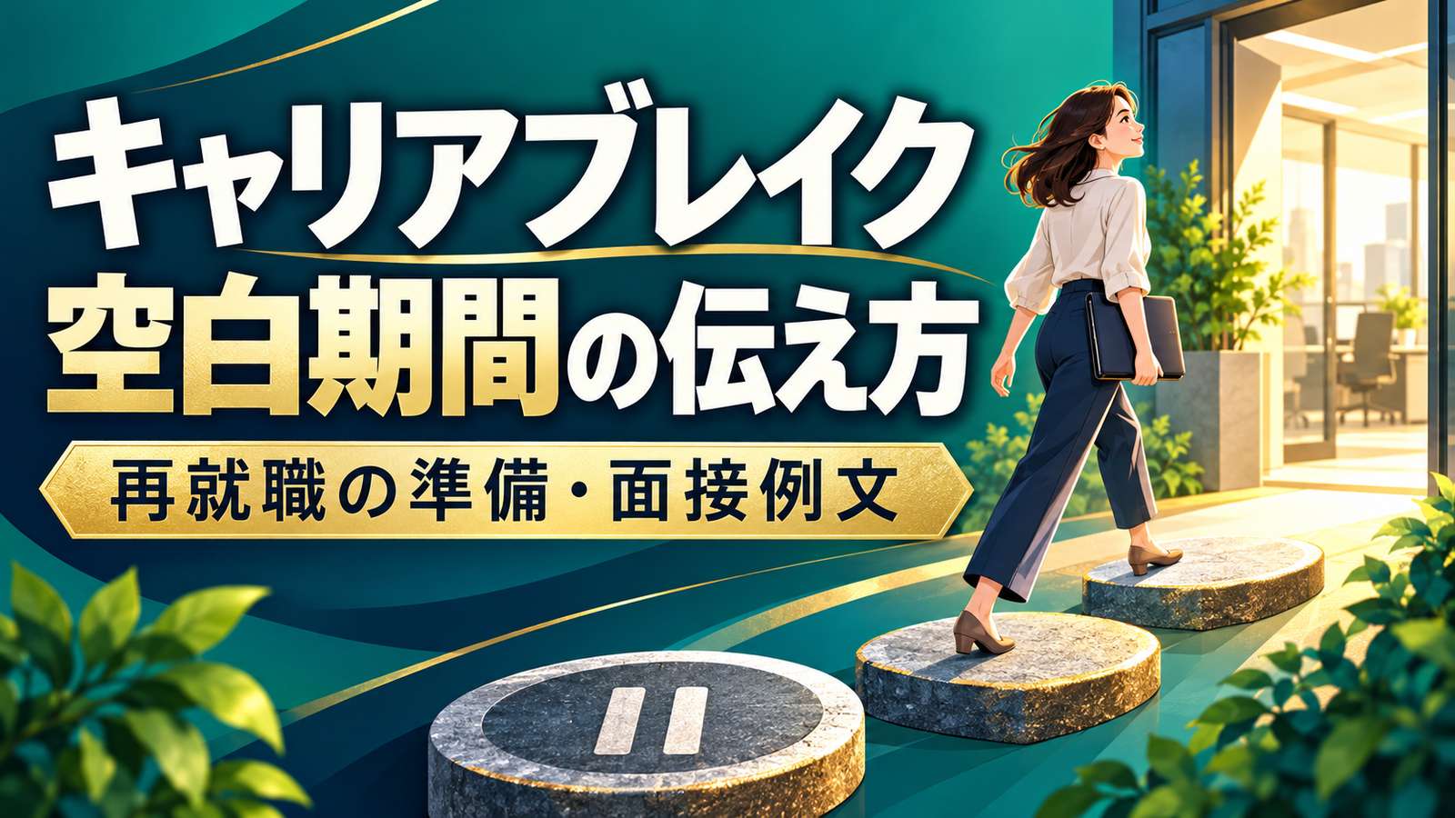 キャリアブレイクと空白期間の伝え方。休止の時間から次の仕事へ、書類を持つ人物が段階を踏んで進むイラスト。