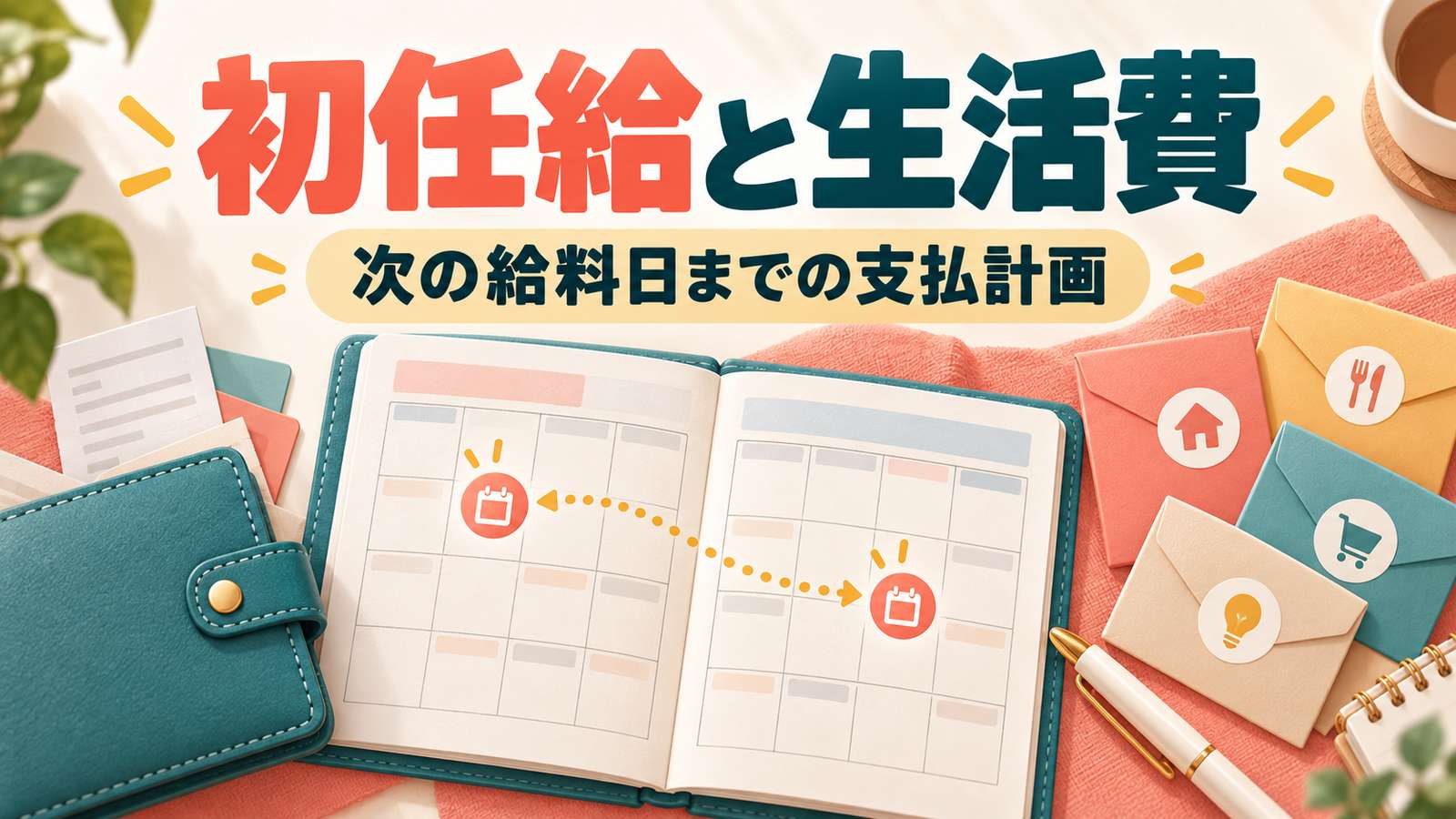 初任給と生活費。次の給料日までの支払計画。財布、予定帳、費目別の封筒をコーラルと青緑で配した画像。