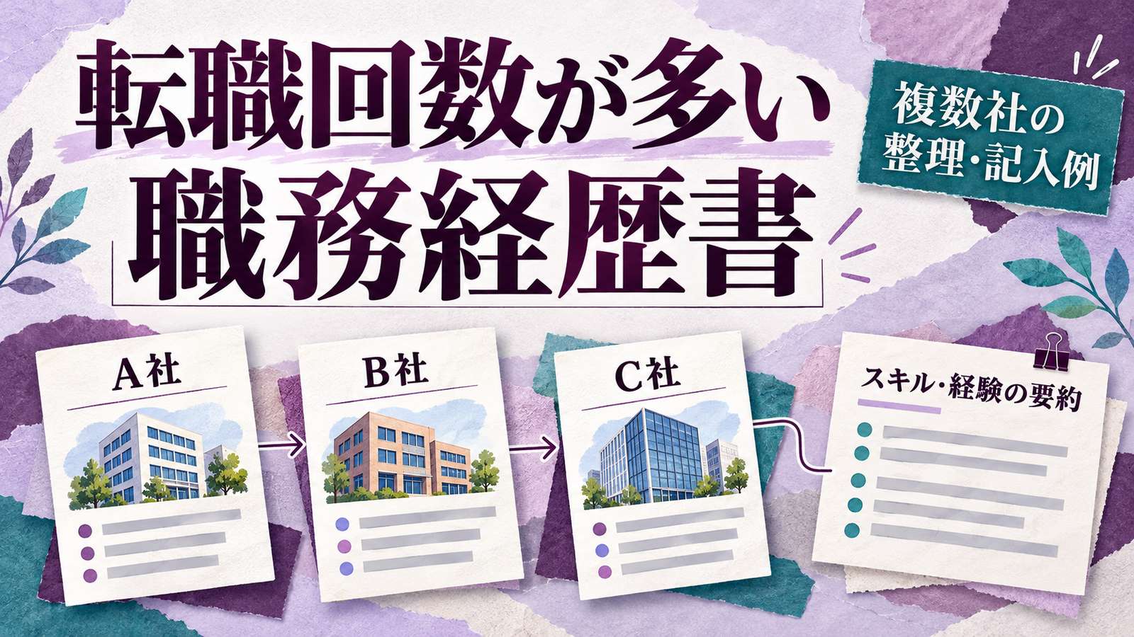 転職回数が多い人の職務経歴書。ラベンダーと紫の背景に、A社・B社・C社の書類を時系列に並べて技能の要約へつなぐコラージュ。