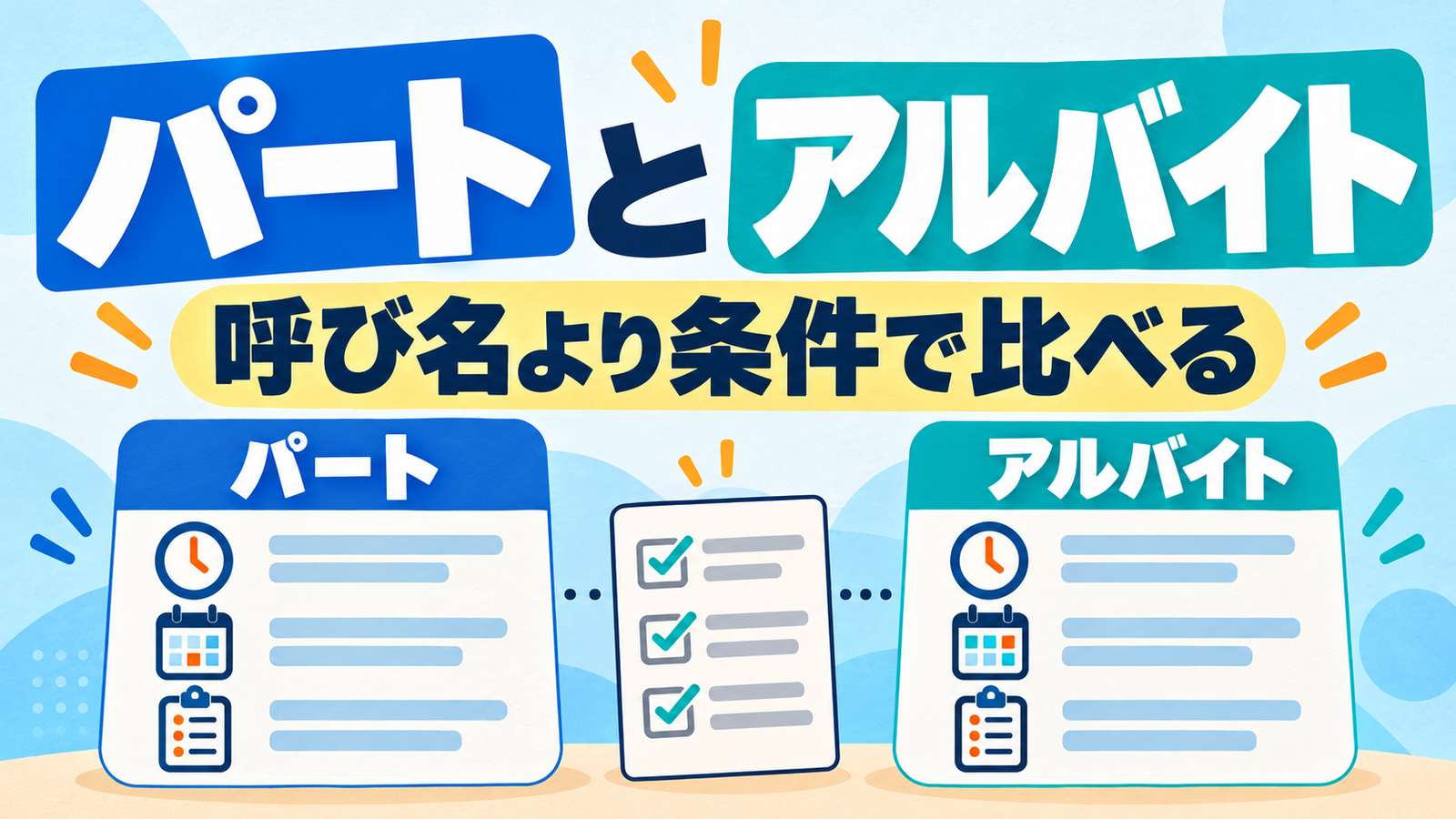 パートとアルバイト。呼び名より条件で比べる。二つの契約カードとチェック表を青とターコイズで配した画像。
