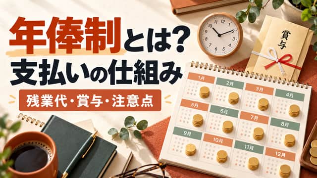 年俸制の支払いの仕組みと残業代・賞与の注意点。温かいクリーム色の背景に、12か月のカレンダーと賞与の封筒、時計を並べた俯瞰構図。
