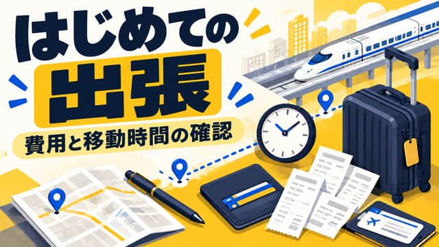 はじめての出張。費用と移動時間の確認。列車、スーツケース、領収書、時計をマスタードと青の立体イラストで配した画像。
