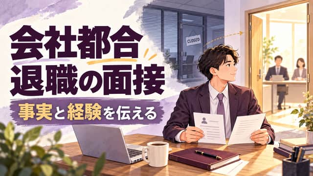 会社都合退職の面接。事実と経験を伝える。応募書類を整理し明るい面接室へ目を向ける人物を紫とアイボリーで描いた画像。
