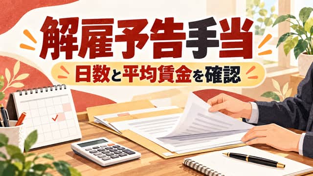 解雇予告手当。日数と平均賃金を確認。赤茶色とチャコールの机でカレンダーと書類を確認する手元を描いた画像。