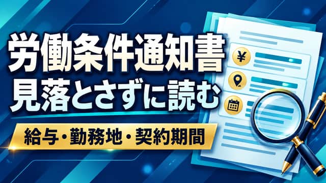 労働条件通知書を見落とさずに読む。給与・勤務地・契約期間の欄を虫眼鏡で確認するイラスト。