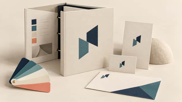 ブランドの色と媒体展開を整理するボード / A brand board with color and application samples