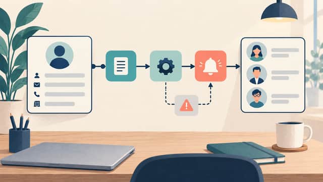 顧客情報カードと処理の流れをつなぐ図 / Customer information cards connected in a workflow