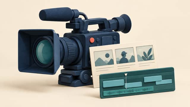 カメラと編集タイムラインを並べた制作風景 / A camera beside a video editing timeline