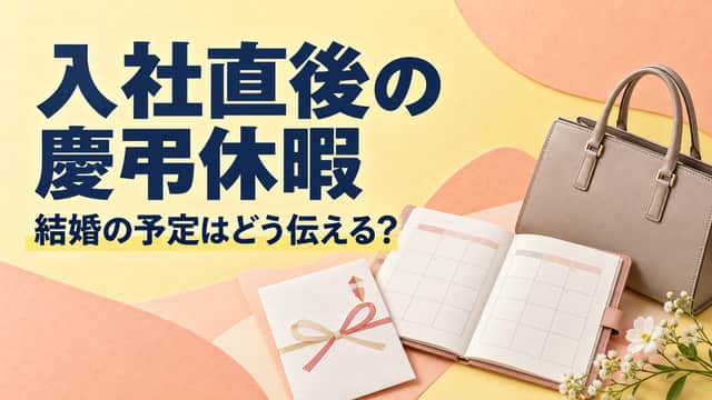 入社直後の慶弔休暇。結婚の予定はどう伝える?予定帳と祝いの封筒、仕事用バッグを桃色と黄色で配した画像。