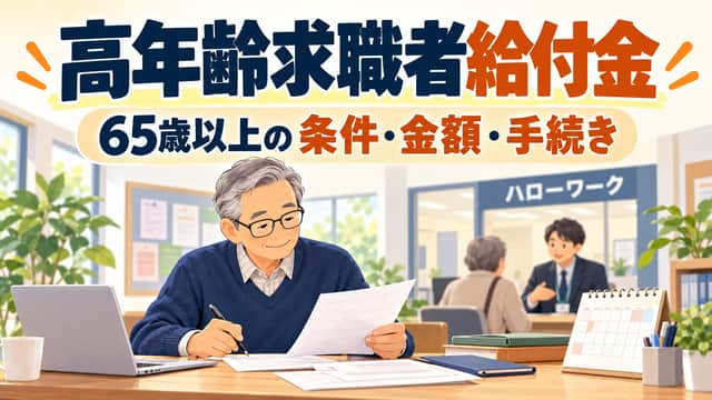 高年齢求職者給付金。65歳以上の条件・金額・手続き。書類を整理するシニアと相談窓口をネイビーとクリームで描いた画像。