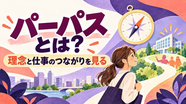パーパスとは。理念と仕事のつながりを見る。紫とコーラルの紙のコラージュで、コンパス、会社への道、働く人を描いた画像。