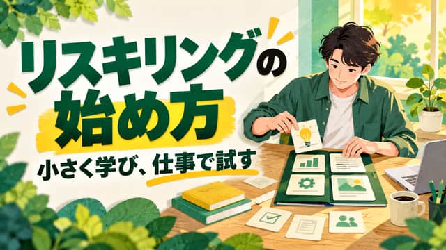 リスキリングの始め方。小さく学び、仕事で試す。机で課題カードを整理する人物を緑と黄色で描いた画像。