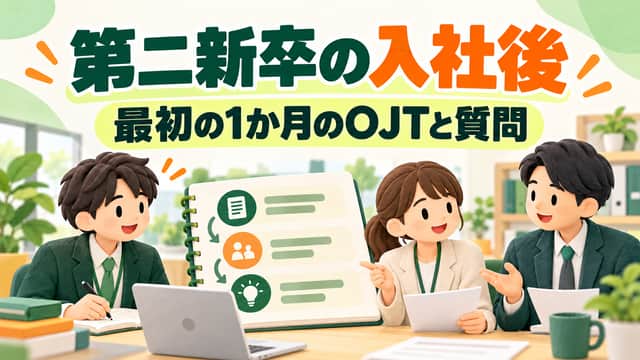 第二新卒の入社後。最初の1か月のOJTと質問。机を囲む3人とノートをグリーンとアイボリーで描いた画像。