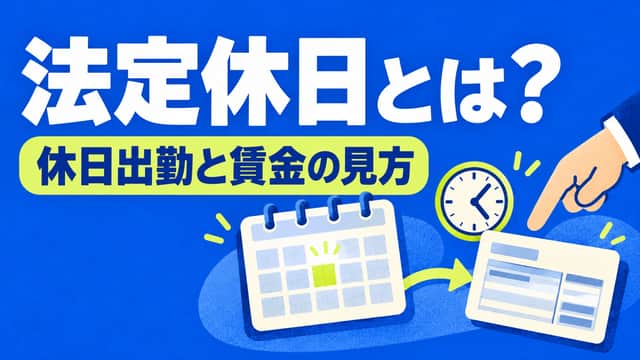 法定休日とは？休日出勤と賃金の見方。勤務カレンダーと給与明細を結ぶ図をコバルトブルーと黄緑で描いたイラスト。